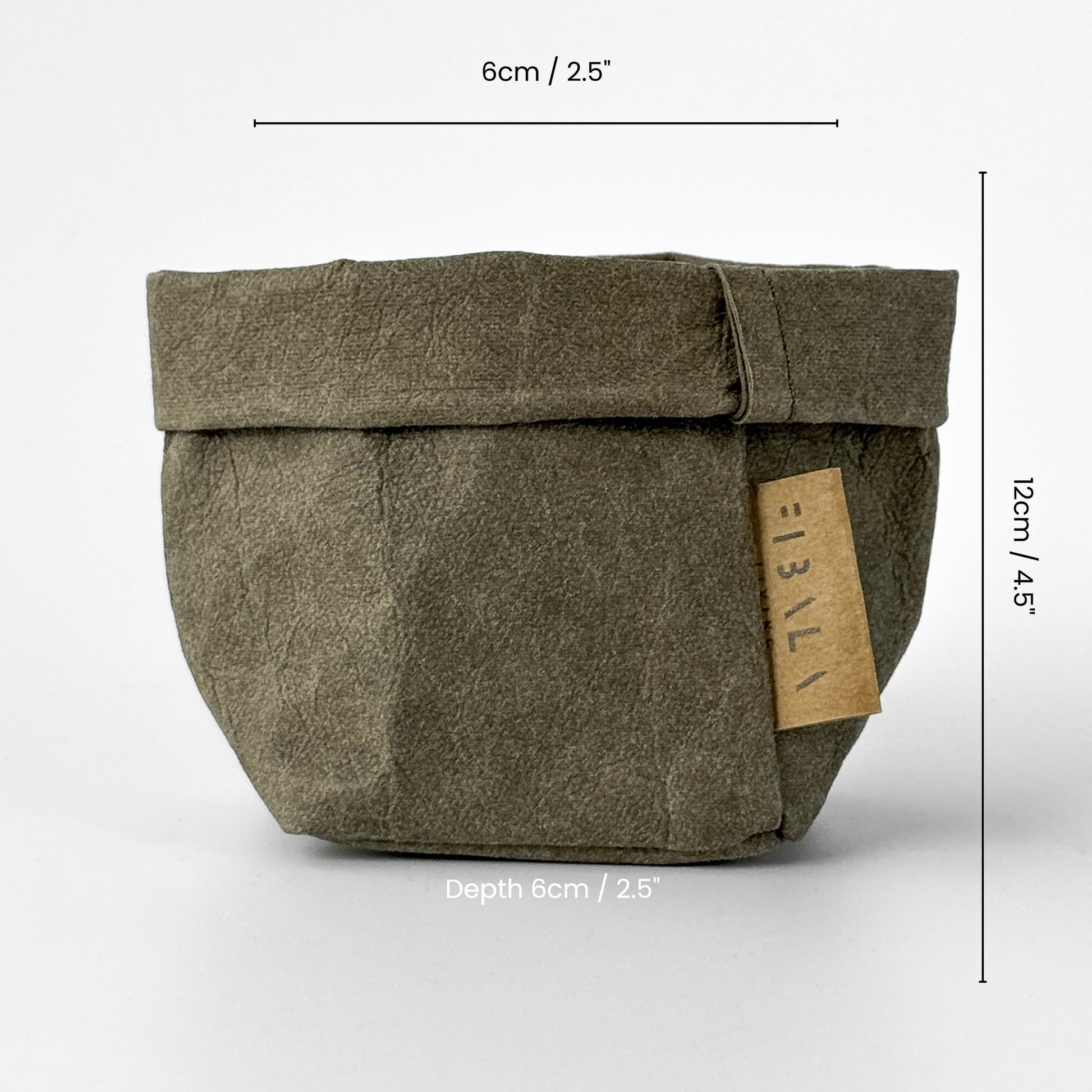 Olive green XS washable paper bag, 6x6x12 cm, light gray BG—eco mini tote 