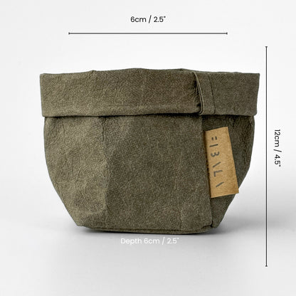 Olive green XS washable paper bag, 6x6x12 cm, light gray BG—eco mini tote 