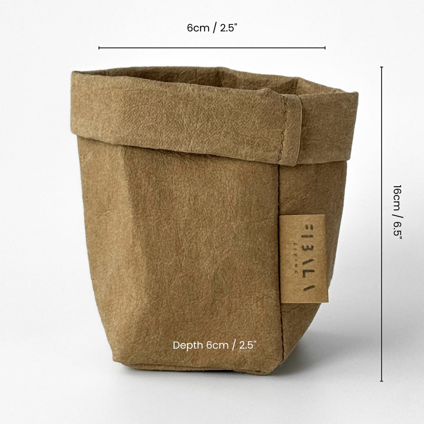 Brown XS tall washable paper bag, size guide, light gray BG—eco mini tote