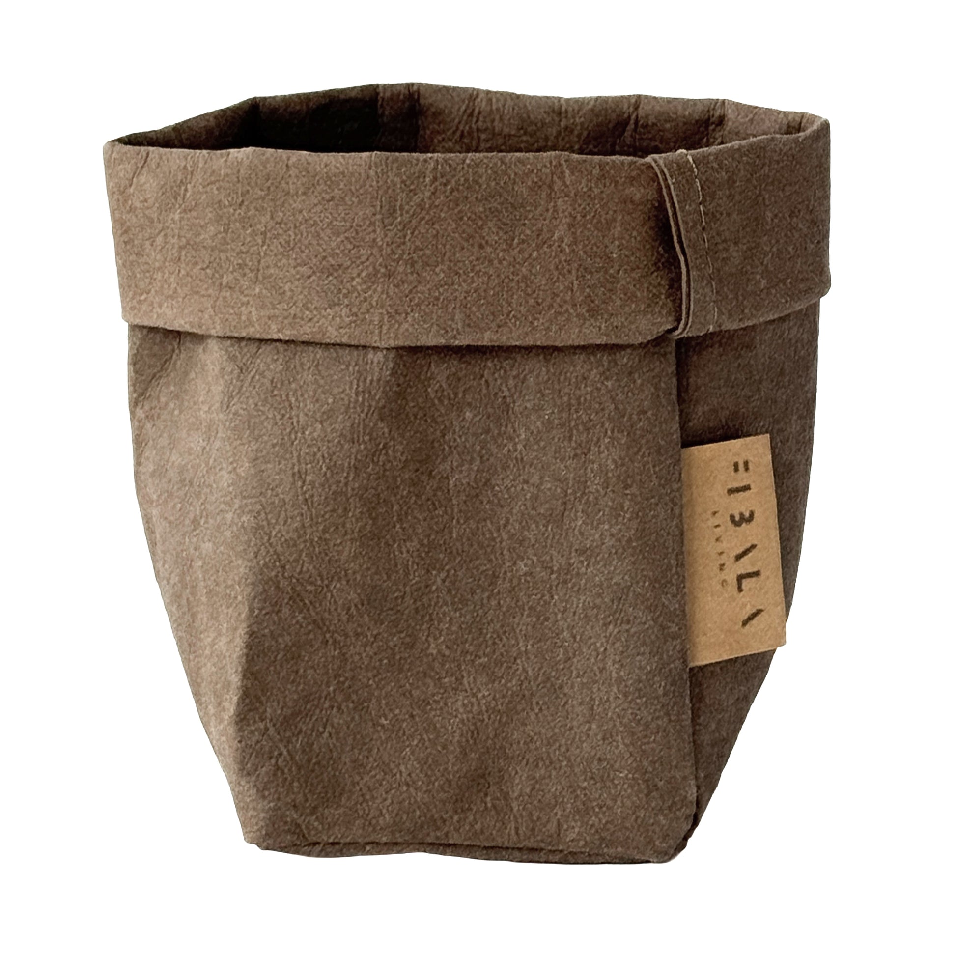 XS tall cocoa brown washable paper bag, white BG—eco mini tote