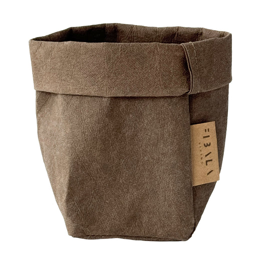 XS tall cocoa brown washable paper bag, white BG—eco mini tote
