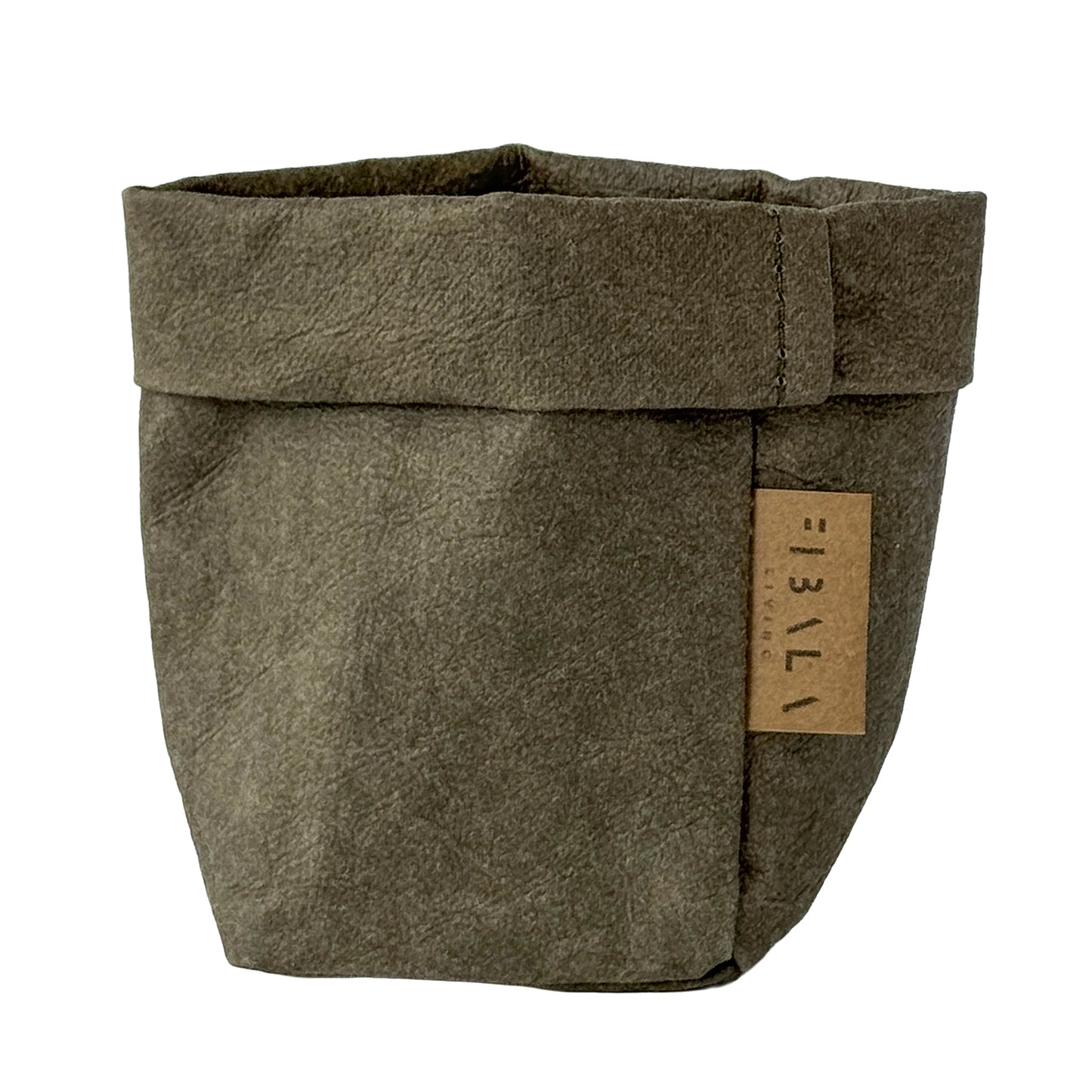 XS tall olive green washable paper bag, white BG—eco mini tote