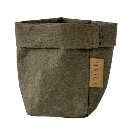 XS tall olive green washable paper bag, white BG—eco mini tote