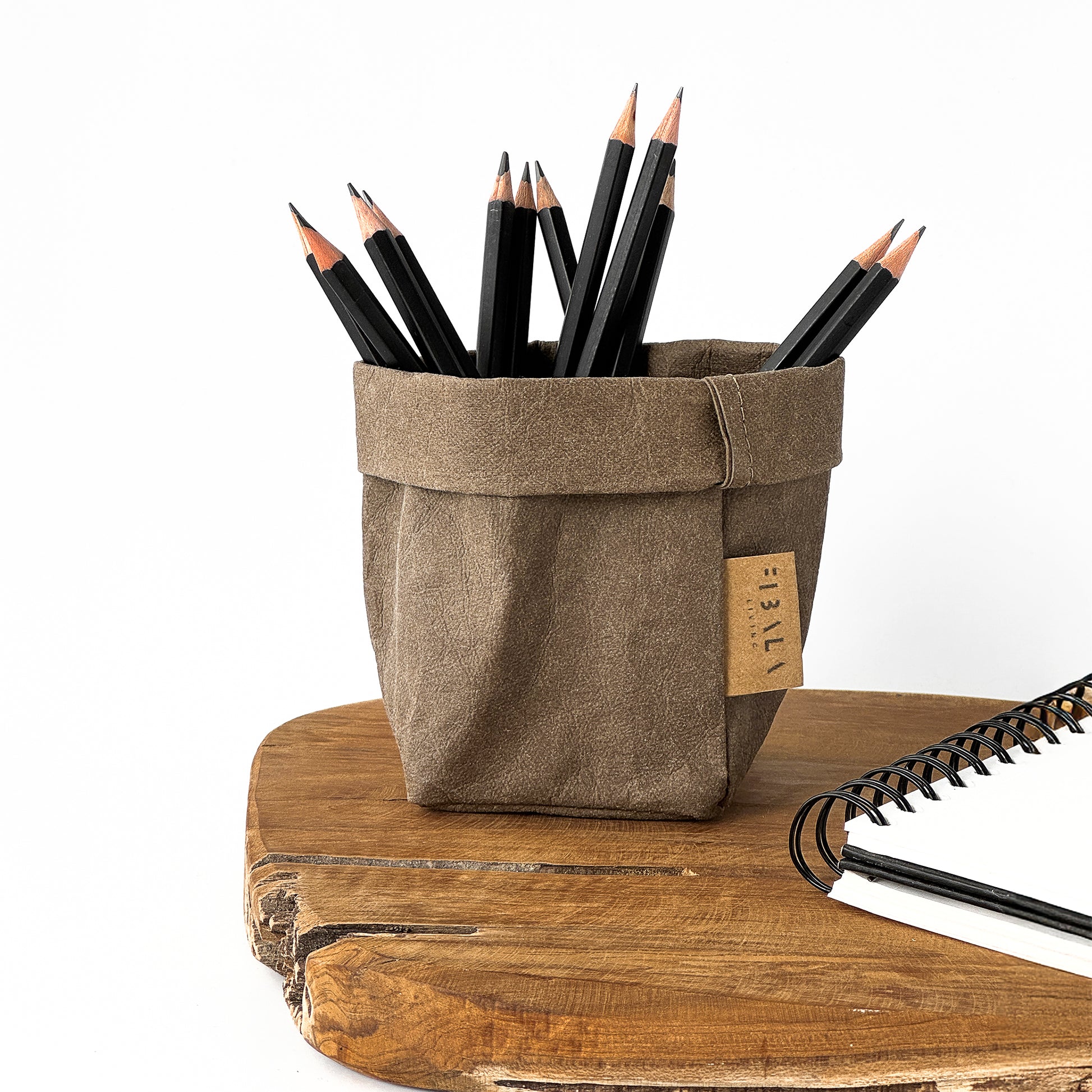 XS tall cocoa brown washable paper pencil cup, pencils, wood desk—eco mini organizer