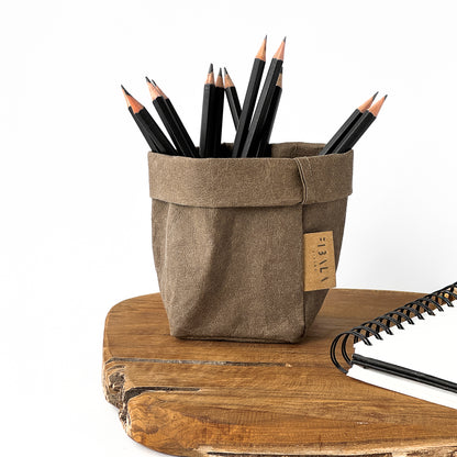 XS tall cocoa brown washable paper pencil cup, pencils, wood desk—eco mini organizer