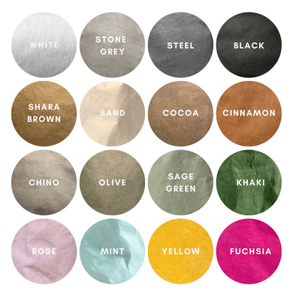 Washable paper color chart displayed in circular swatches, showing available color options for handmade eco-friendly lunch bags and accessories