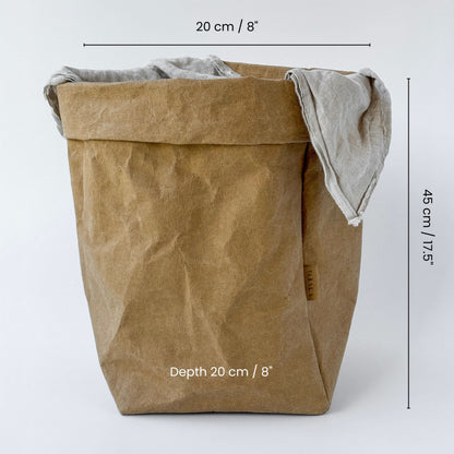 XL brown washable paper bag with dimensions labeled, on white background | Eco-friendly, versatile storage solution
