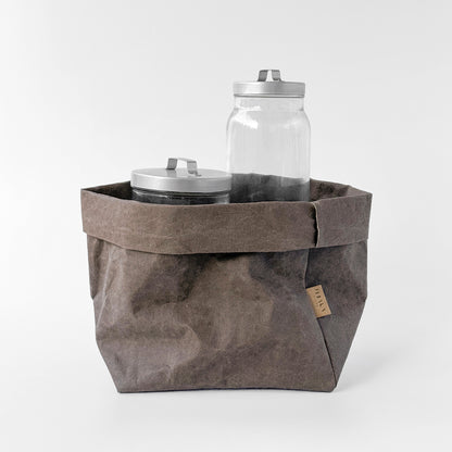 Large cocoa brown washable paper bag, two jars, white BG—eco reusable storage