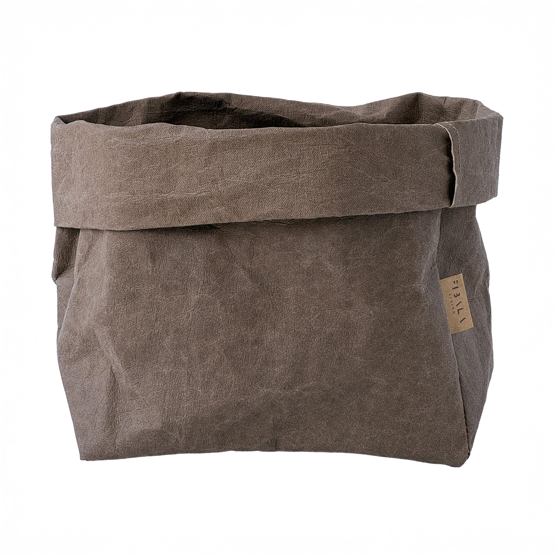 Brown washable paper bag with a visible brand label on a white background