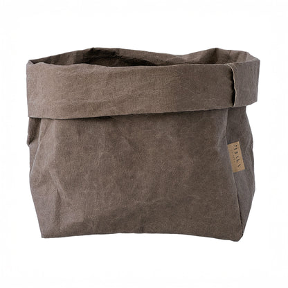 Brown washable paper bag with a visible brand label on a white background