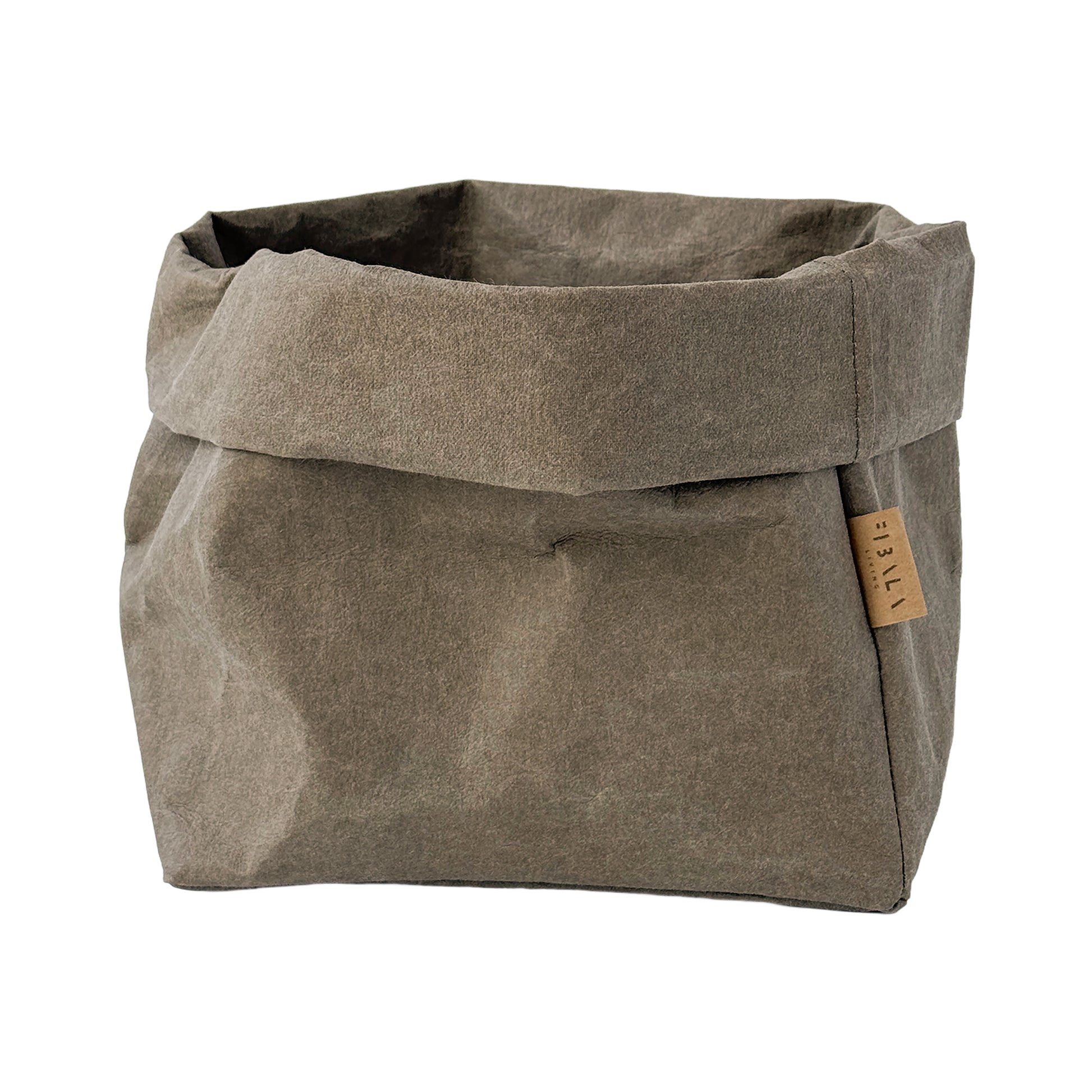 Olive green washable paper bag with a visible brand label on a white background