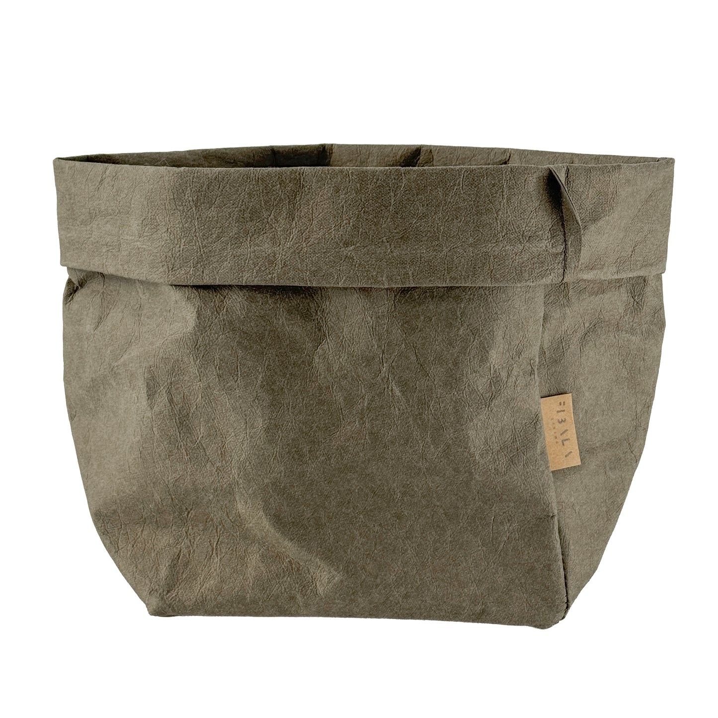 Medium green olive washable paper bag basket, white BG—eco reusable tote 
