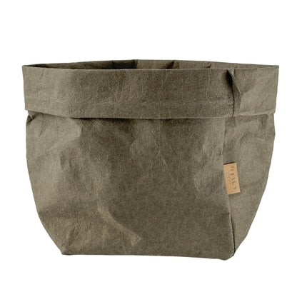 Medium green olive washable paper bag basket, white BG—eco reusable tote 