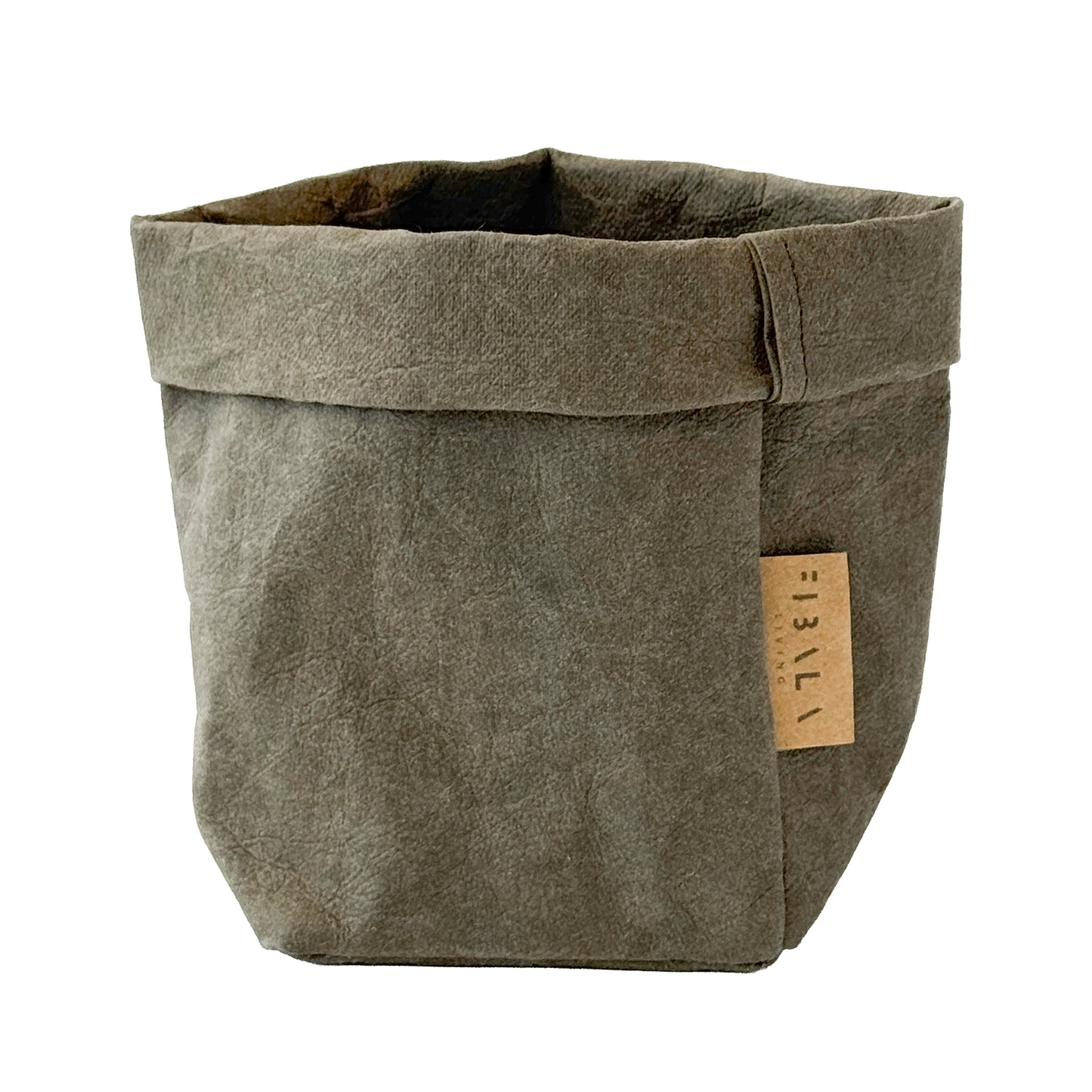 Petite olive-green washable paper bag, white BG—eco mini tote