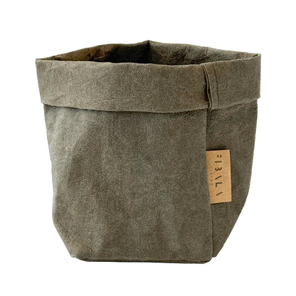 Petite olive-green washable paper bag, white BG—eco mini tote