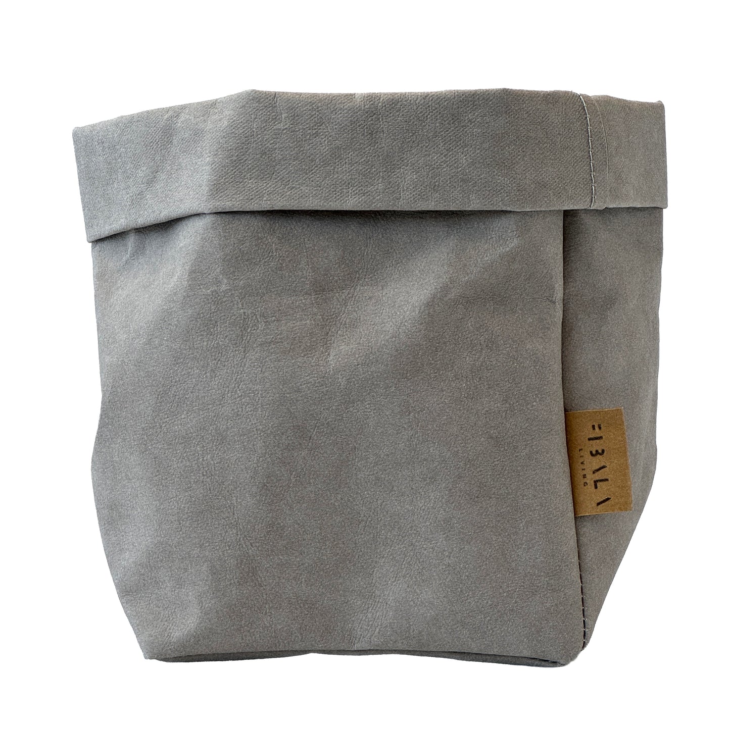 Small Gray Washable Paper Bag with Brand Label on White Background
