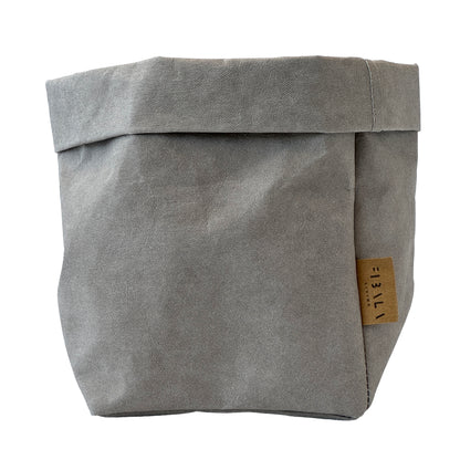 Small Gray Washable Paper Bag with Brand Label on White Background