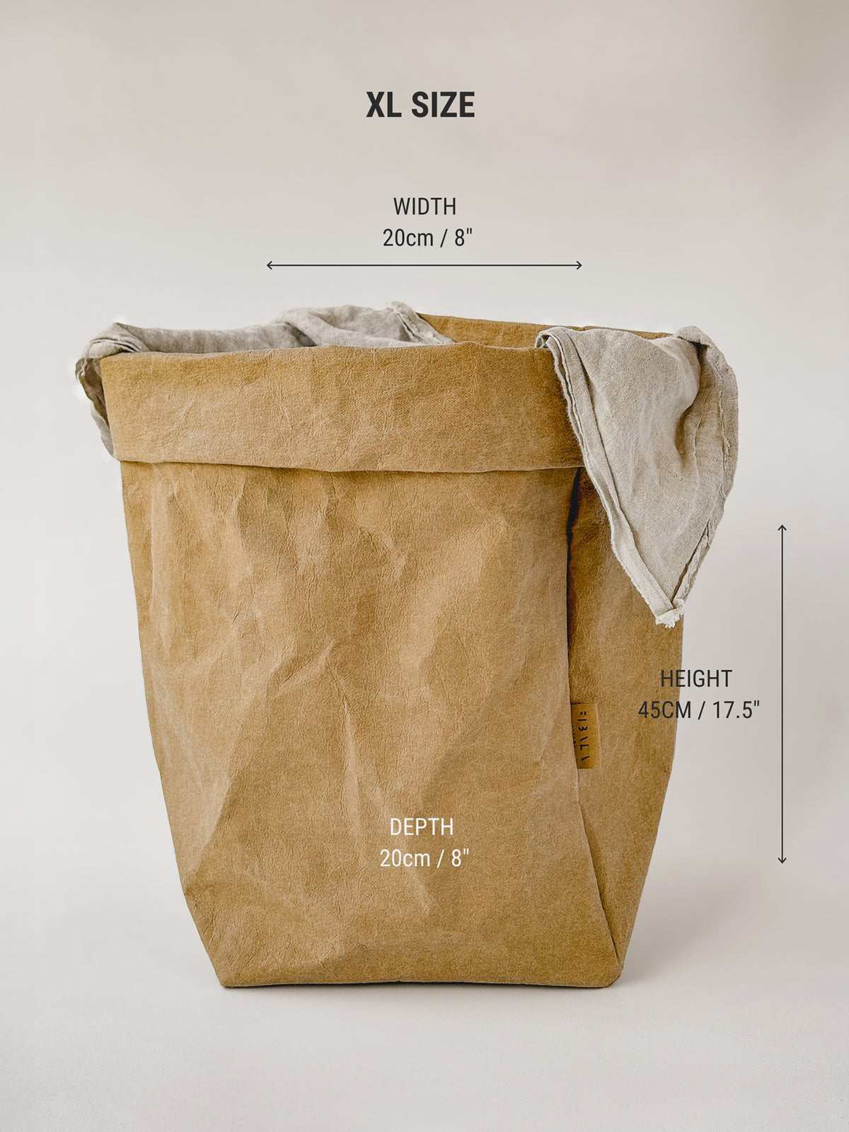 XL washable paper storage bag dimensions: 45 cm high, 20 x 20 cm base