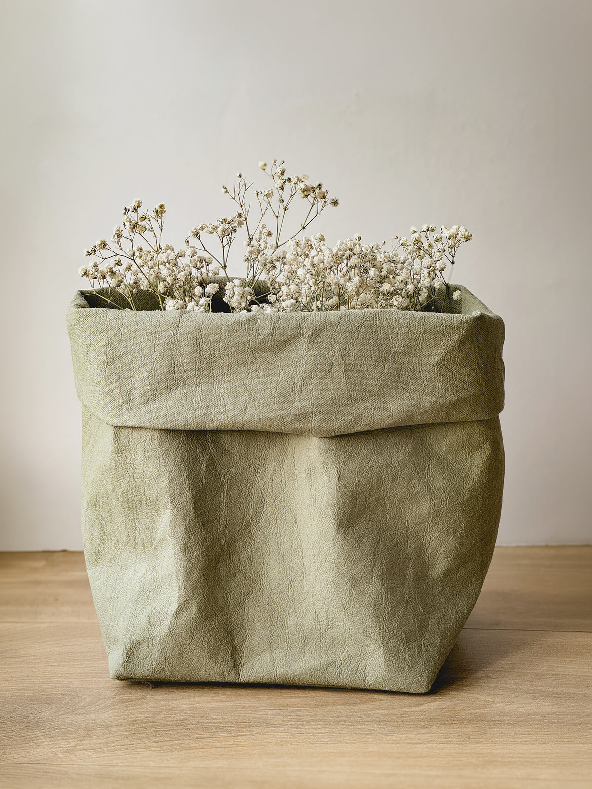 Sage XL washable paper storage bag holding dried flowers