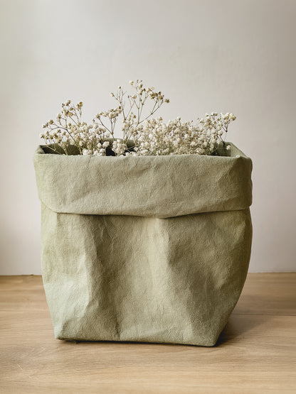 Sage XL washable paper storage bag holding dried flowers