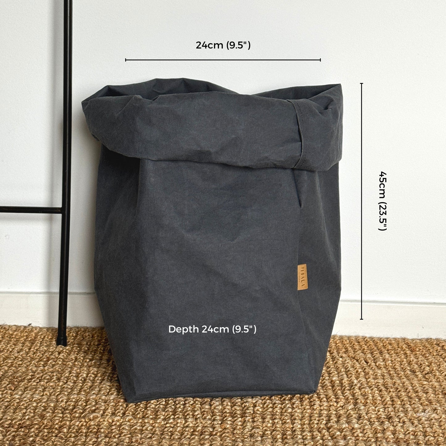 Gray washable paper storage bag with dimensions labeled on a white background