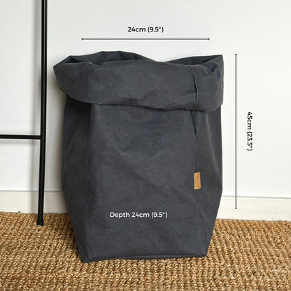 Gray washable paper storage bag with dimensions labeled on a white background